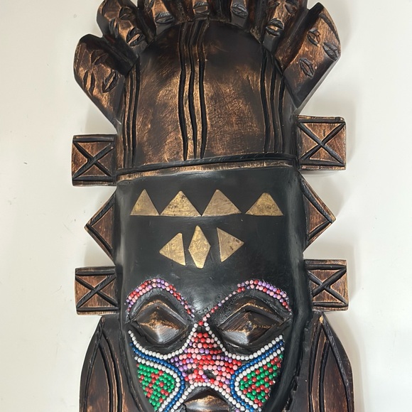 Vintage Handcrafted Wood Brass African Tribal Mask - Picture 3 of 13